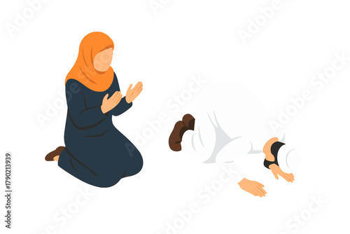 Muslim man prostrating in prayer and woman kneeling with hands raised for Du'a