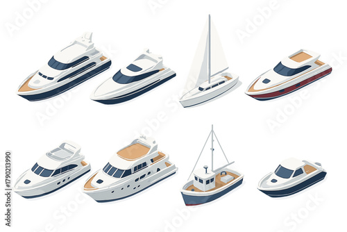 Isometric set of luxury yachts, modern speedboats, and sailing vessels for recreation and maritime transport