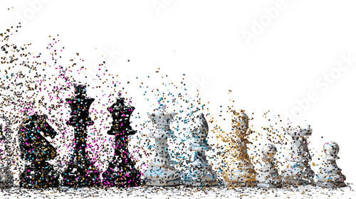 Photos Creative Chess Pieces with Colorful Confetti Dispersion Effect