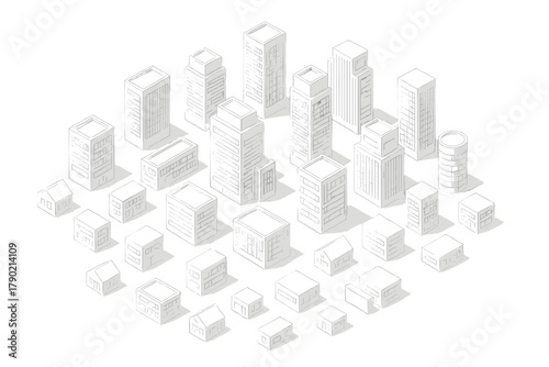 Isometric white city buildings and architectural elements for urban planning and design concepts