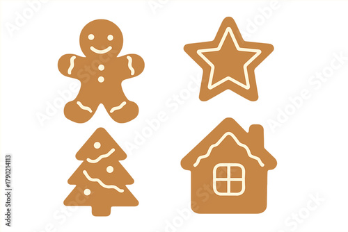 Traditional Christmas gingerbread cookies set including man, star, tree, and house shapes decorated with white icing