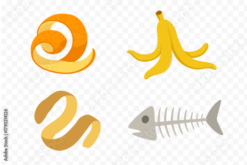 Quadro su tela Organic food waste assortment with fruit peels, potato peel, and fish skeleton