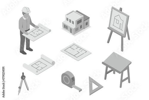 Isometric architecture and construction planning elements set featuring engineer, blueprints, house model, and drafting tools