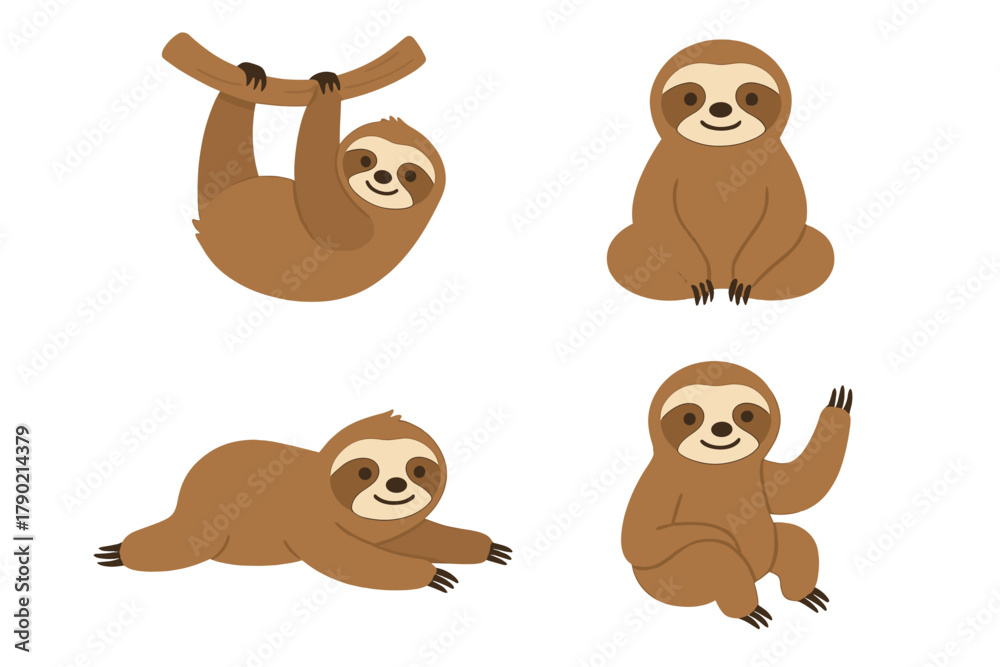 Fototapeta premium Cute cartoon sloths set in various positions: hanging from a branch, sitting, and lying down