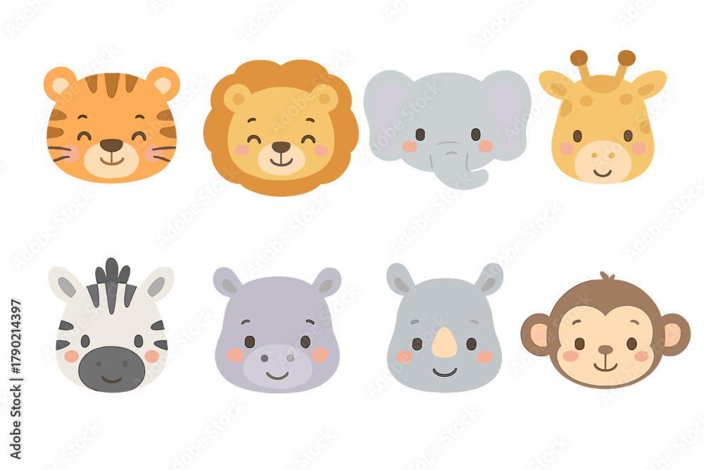 Obraz premium Cute safari animal faces including lion tiger elephant giraffe zebra rhinoceros hippopotamus and monkey