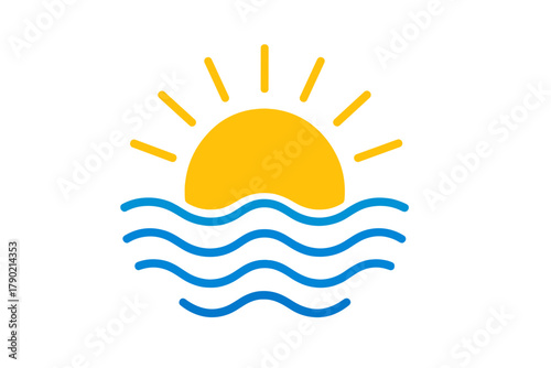 Minimalist bright yellow sun icon appearing over stylized blue ocean waves for summer travel