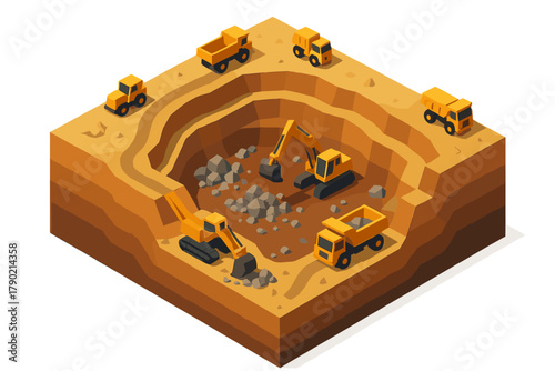 Large open pit mine with excavators and dump trucks working on rock extraction