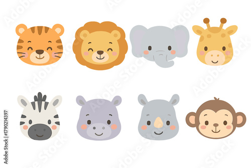 Cute safari animal faces including lion tiger elephant giraffe zebra rhinoceros hippopotamus and monkey