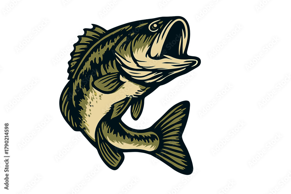 Obraz premium Stylized largemouth bass fish jumping aggressively with mouth wide open