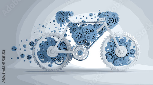Bicycle Composed of Blue and White Gears in Abstract Style