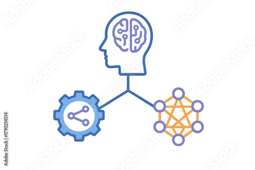 Conceptual diagram of human brain linked to processing gear and neural network structure for development
