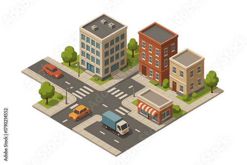 Isometric downtown city block with apartment buildings, commercial stores, street intersection, and moving vehicles