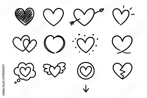 Collection of twelve different doodle style heart symbols representing love and affection