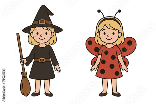 Two cute young girls wearing Halloween costumes standing together on a clean white background