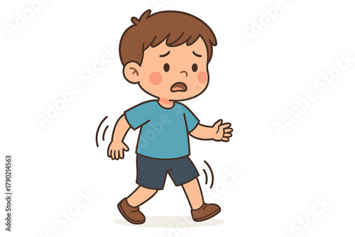 Frightened young boy walking quickly with a worried expression showing fear and anxiety