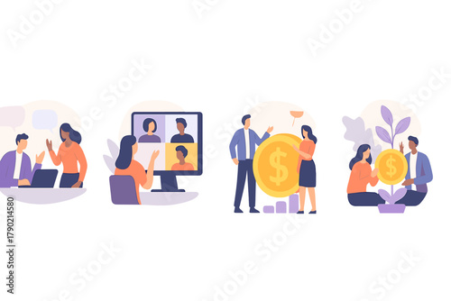 Teamwork, online meetings, financial planning, and investment growth