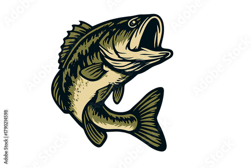Stylized largemouth bass fish jumping aggressively with mouth wide open