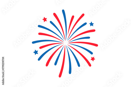 Bright celebratory firework burst in patriotic red and blue colors with scattered stars