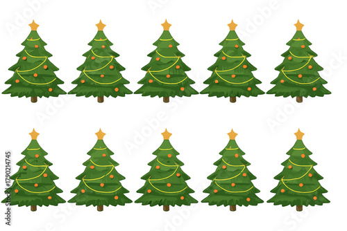 Festive Christmas trees decorated with garlands and star toppers in a seamless pattern