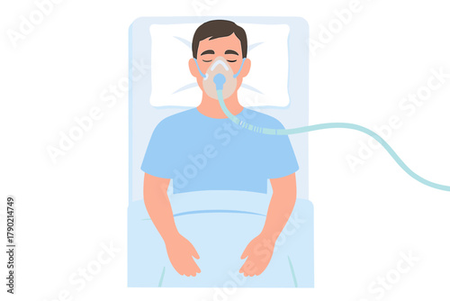 Male patient resting in hospital bed wearing an oxygen mask for breathing assistance
