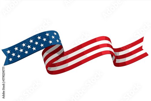 Waving American flag ribbon banner with stars and stripes isolated on white