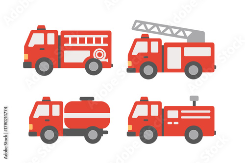 Set of red emergency service vehicles including fire engines, ladder trucks, and water tankers