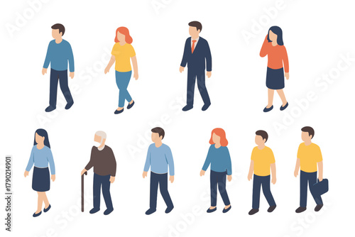 Isometric people set diverse men and women walking and standing figures