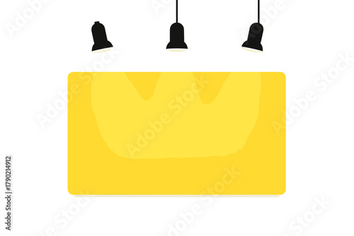 Bright yellow rectangular panel lit by three ceiling spotlights for presentation display