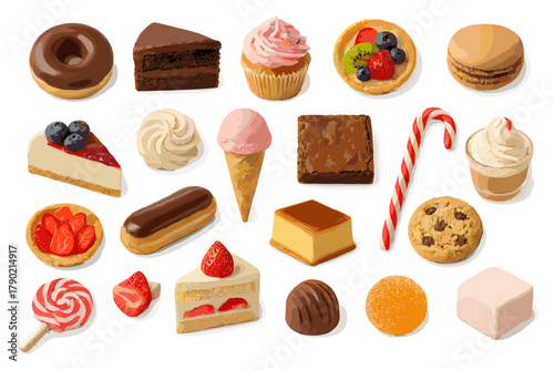Assorted collection of sweet desserts including cakes, cookies, candies, and pastries on white background