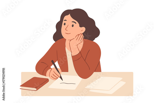 Young woman writing notes or sketching ideas on paper while concentrating at a desk