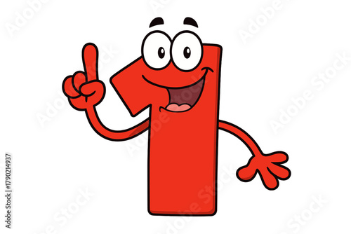 Cheerful red one character mascot pointing finger up symbolizing success or a great idea