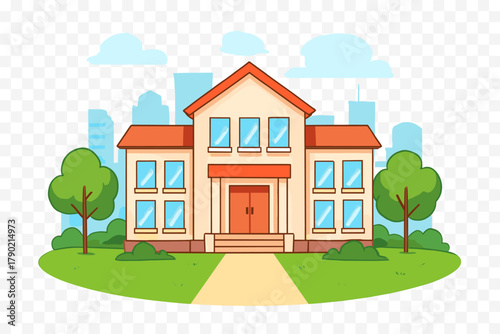 Suburban school or college campus building exterior with lawn trees and city skyline background