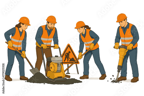 Diverse construction crew performing road maintenance using professional heavy equipment