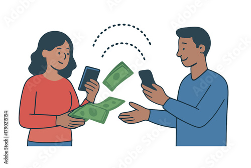 People exchanging money digitally using smartphones for wireless financial transactions