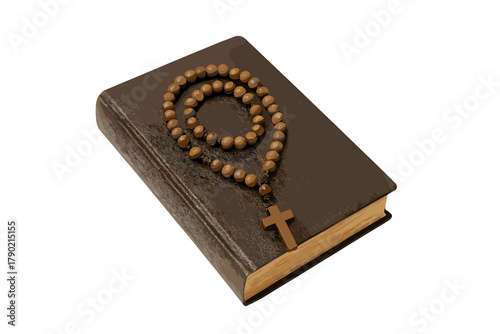 Wooden rosary beads with a cross resting on the cover of a closed brown religious book