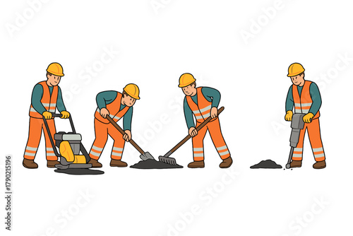 Construction crew performing road maintenance with heavy equipment and manual tools