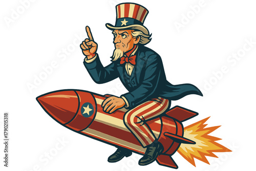 Patriotic figure in stars and stripes riding a speeding rocket pointing finger up