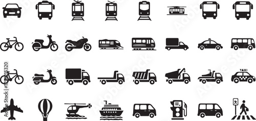 Large black vector icon set of transportation vehicles and public transport for graphic design interface