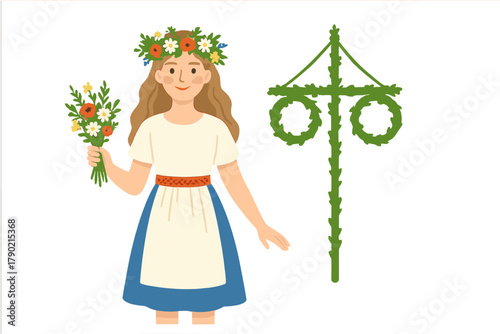 Scandinavian girl celebrating Midsummer holiday with floral wreath, bouquet, and traditional maypole