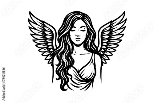 Beautiful winged woman with long flowing hair and closed eyes in monochrome