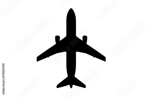 Black silhouette of a commercial passenger airplane viewed from above ready for takeoff or landing