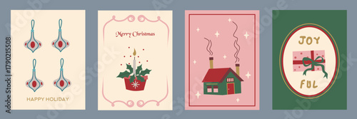 Hand drawn la dolce vita Christmas doodles. Vector illustration cards icon with bows, ribbons and ornament. Minimalist winter holiday for invitations, stationery, printables, social media, wall art.