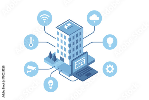 Isometric smart building management system connected to IoT services and digital technology