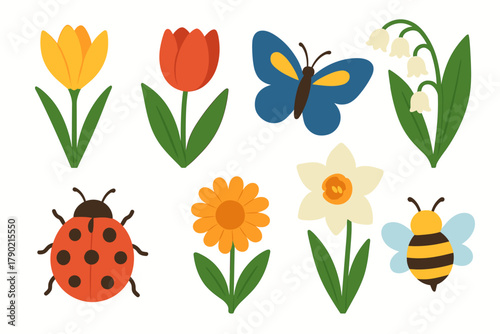 Bright collection of blooming spring flowers and garden insects like bee and butterfly