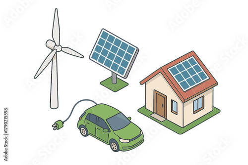 Green energy ecosystem featuring electric car charging, solar panels, and wind turbine