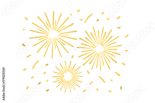 Golden celebratory bursts resembling fireworks or star explosions isolated on white background