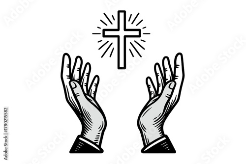 Hands raised in prayer reaching toward a glowing Christian cross symbol of faith and hope