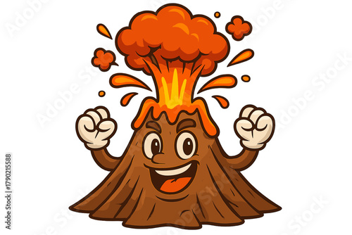 Happy cartoon volcano character erupting with lava and smoke raising fists
