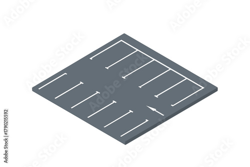 Isometric empty outdoor parking lot with marked spaces and directional arrow on gray asphalt
