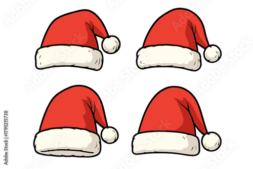 Set of four traditional Christmas hats worn by Santa Claus featuring red fabric and white fur